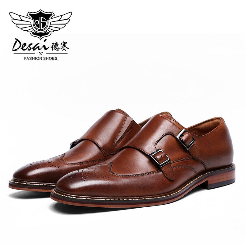 DESAI Monk Strap Slip on Genuine Leather Dress Brogue Shoes