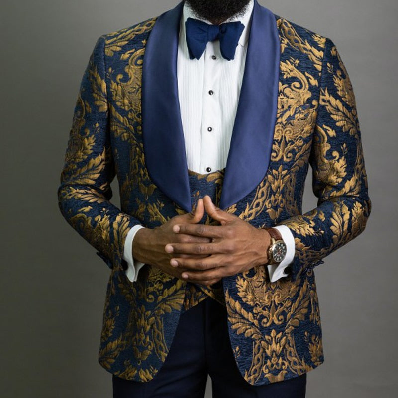 Navy Blue Floral Jacquard Prom Men Suits for Wedding 3 Piece