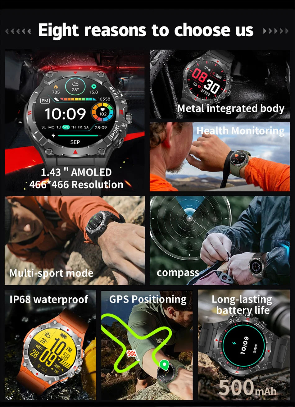 Military Grade AMOLED Smart Watch Men GPS Positioning 500 mAh Large Battery Health Monitoring 100+ Sports Mode Smartwatch 2025