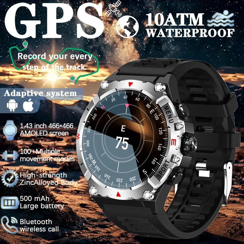 Military Grade AMOLED Smart Watch Men GPS Positioning 500 mAh Large Battery Health Monitoring 100+ Sports Mode Smartwatch 2025