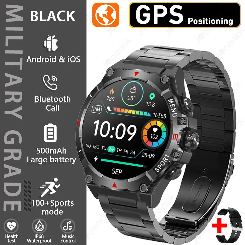 Military Grade AMOLED Smart Watch Men GPS Positioning 500 mAh Large Battery Health Monitoring 100+ Sports Mode Smartwatch 2025