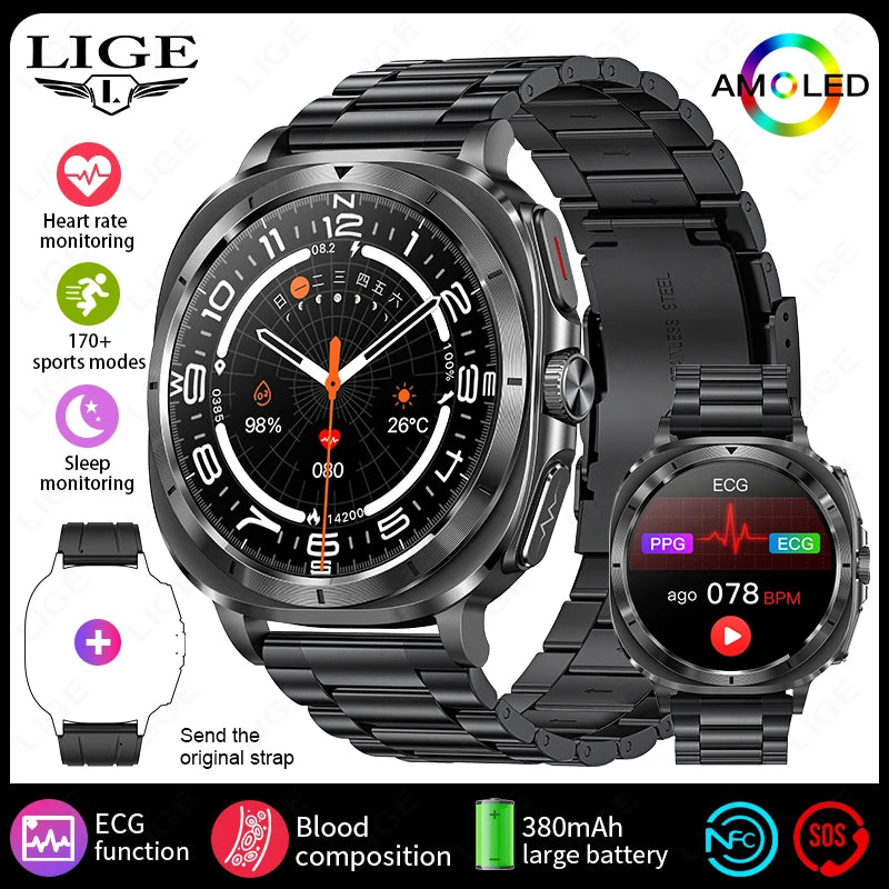 2025 New Uric Acid Blood Lipids Health Smartwatch Men Body Fat Blood Pressure Monitor AMOLED Screen NFC Man Smart Watch ECG+PPG