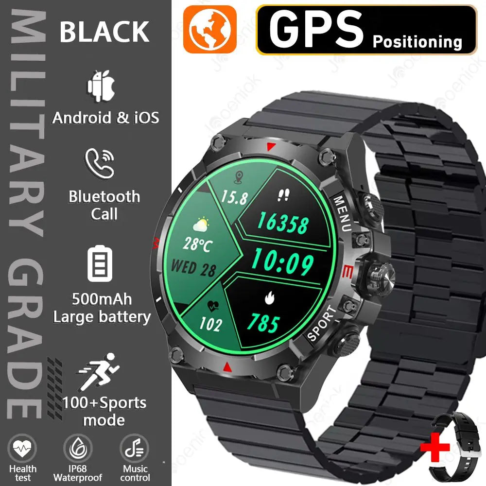 Military Grade AMOLED Smart Watch Men GPS Positioning 500 mAh Large Battery Health Monitoring 100+ Sports Mode Smartwatch 2025