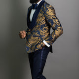 Navy Blue Floral Jacquard Prom Men Suits for Wedding 3 Piece