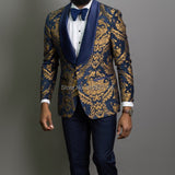 Navy Blue Floral Jacquard Prom Men Suits for Wedding 3 Piece