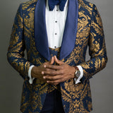 Navy Blue Floral Jacquard Prom Men Suits for Wedding 3 Piece