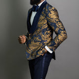 Navy Blue Floral Jacquard Prom Men Suits for Wedding 3 Piece