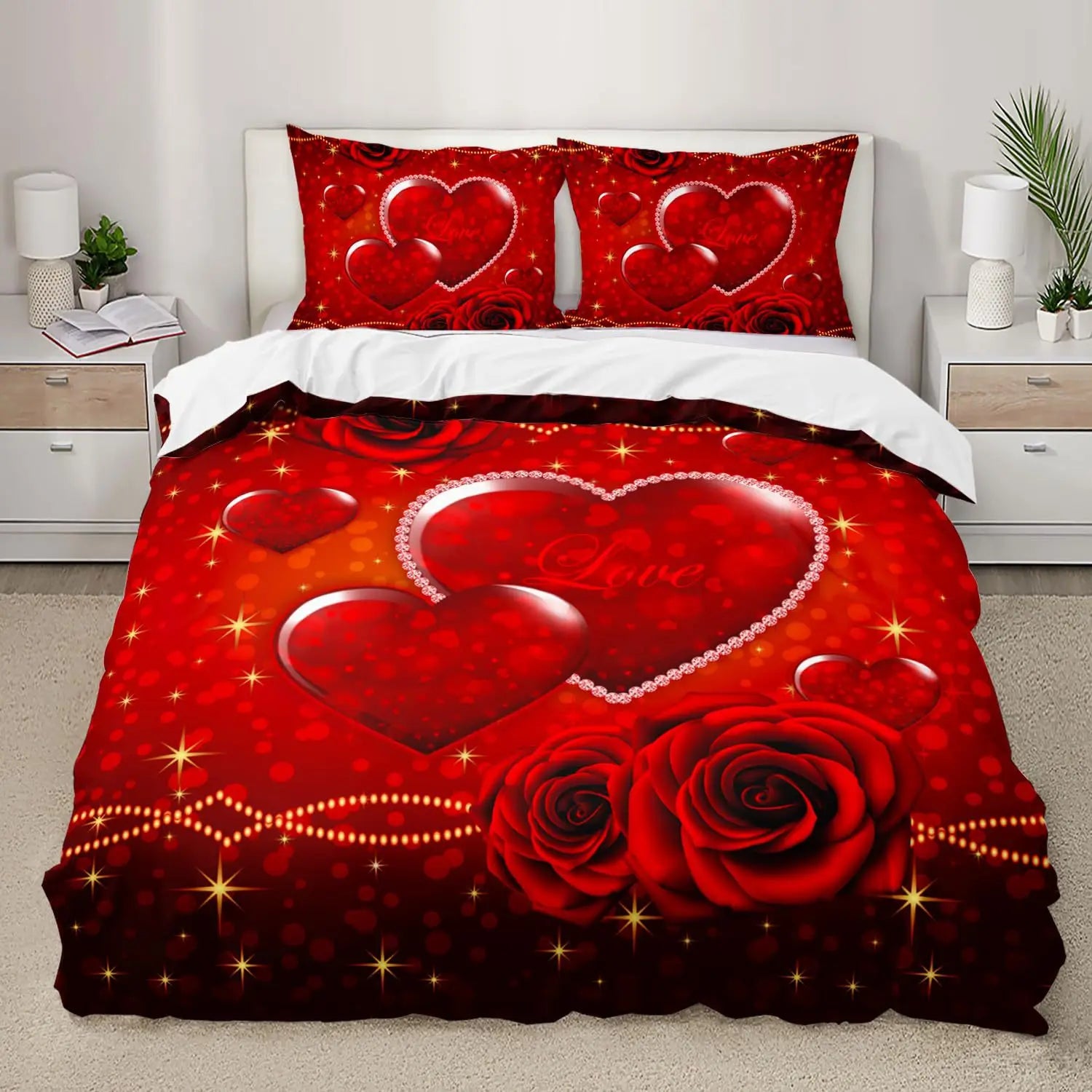 Red Rose Duvet Cover Set King Size, Red and White Comforter Cover