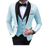 Blue Slit Mens Suits 3 Piece Black Shawl Lapel Casual