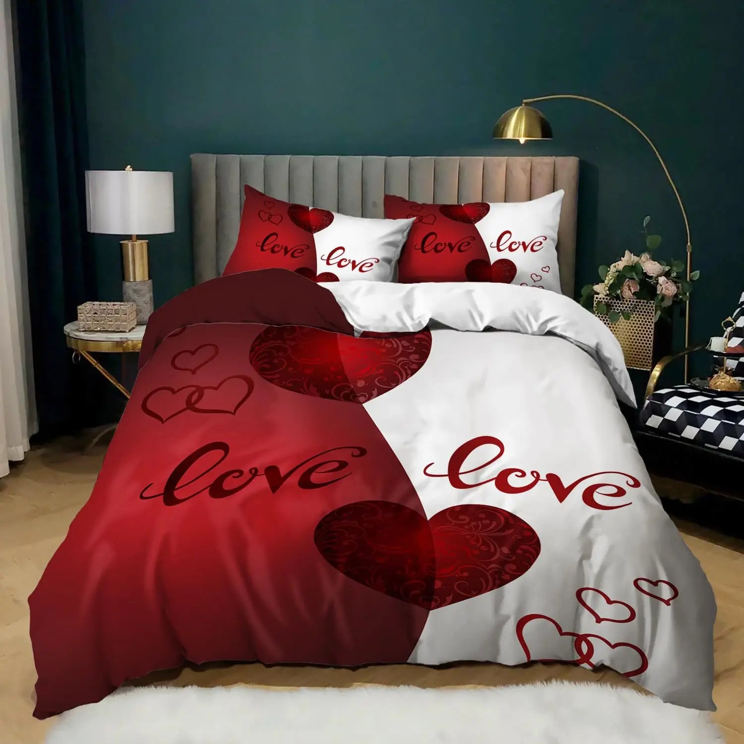 Red Rose Duvet Cover Set King Size, Red and White Comforter Cover