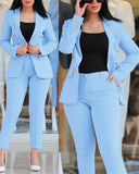 Casual Business Double Breasted Blazers Jacket Pants 2 Piece Set