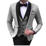 Blue Slit Mens Suits 3 Piece Black Shawl Lapel Casual