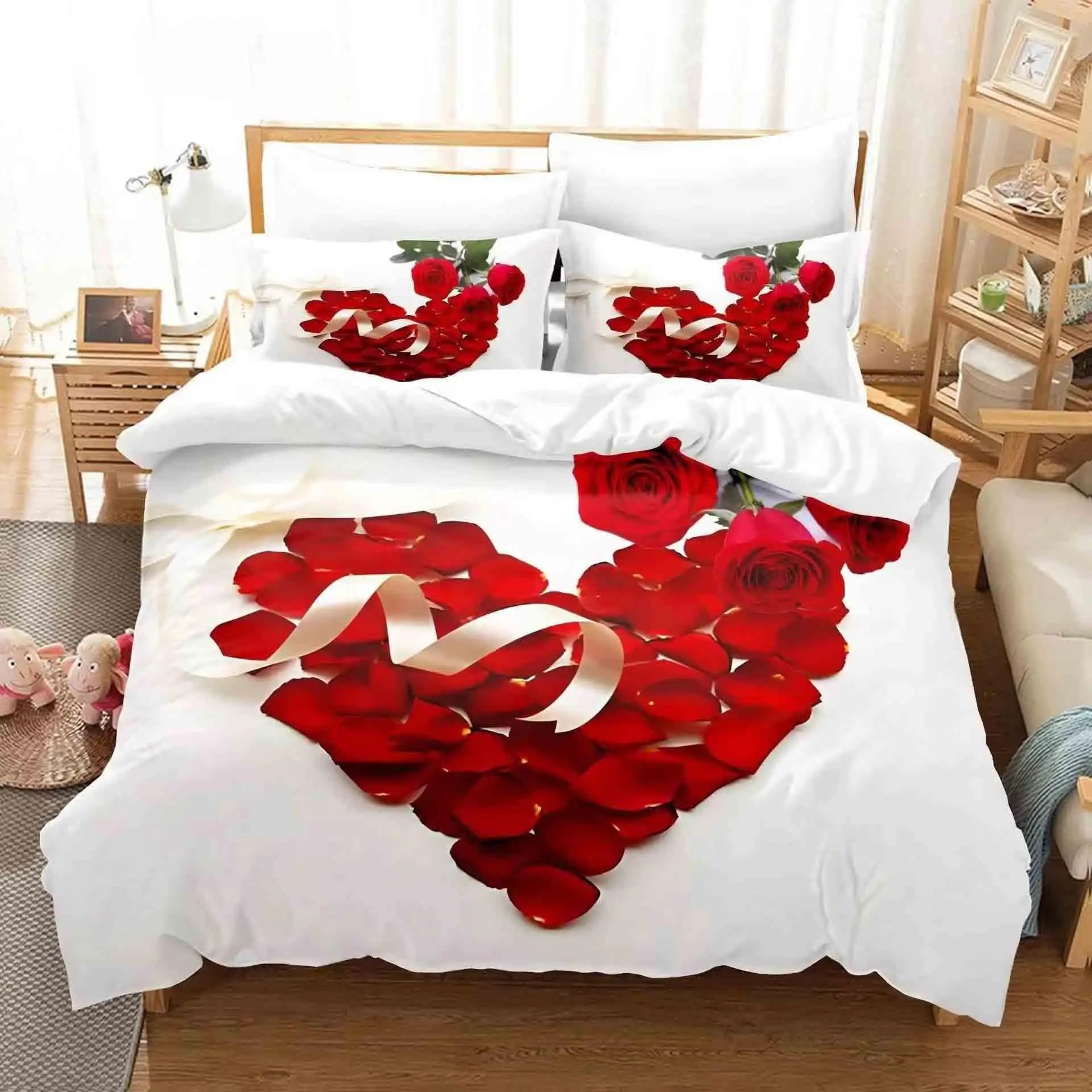 Red Rose Duvet Cover Set King Size, Red and White Comforter Cover