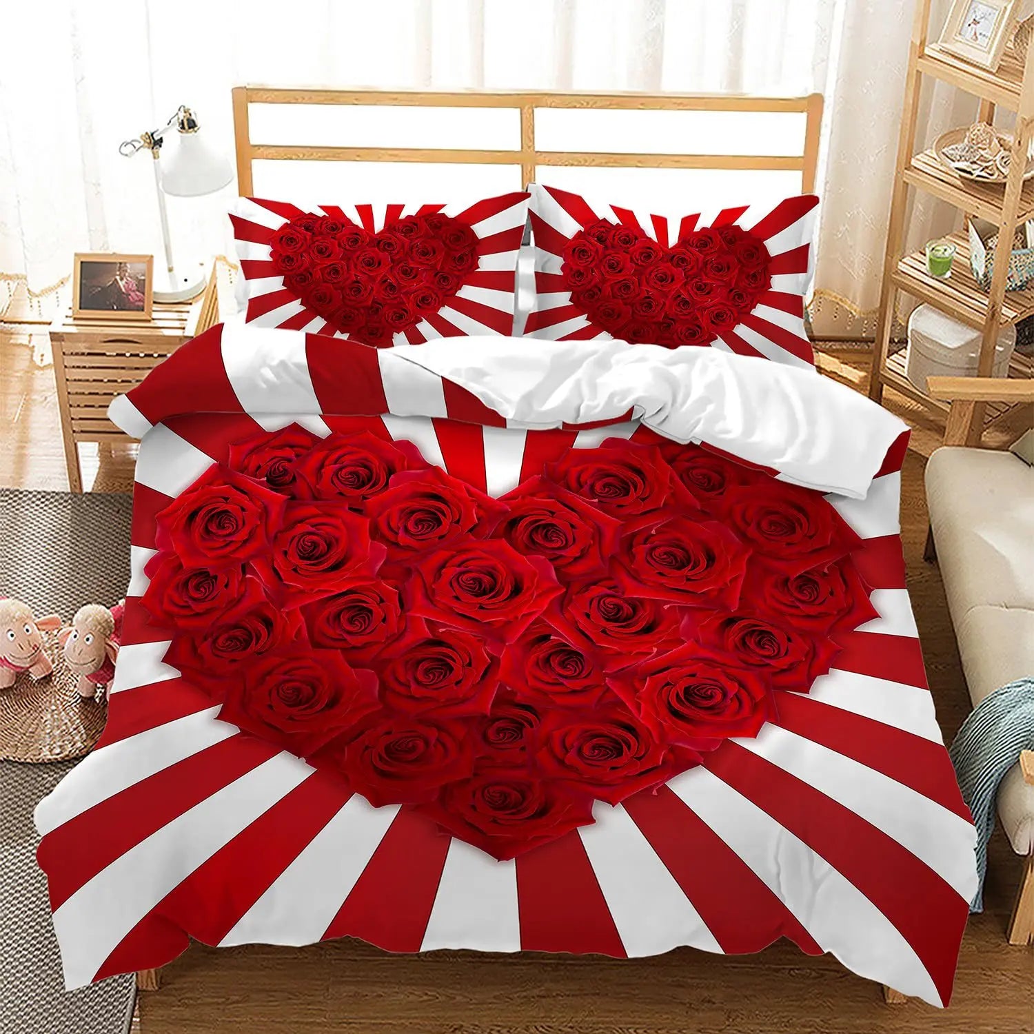 Red Rose Duvet Cover Set King Size, Red and White Comforter Cover