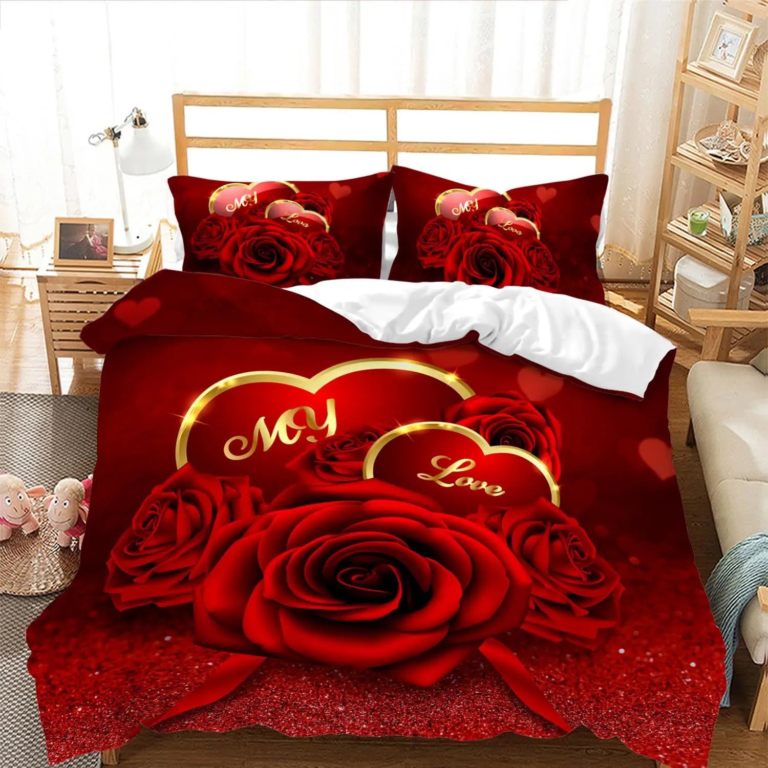 Red Rose Duvet Cover Set King Size, Red and White Comforter Cover