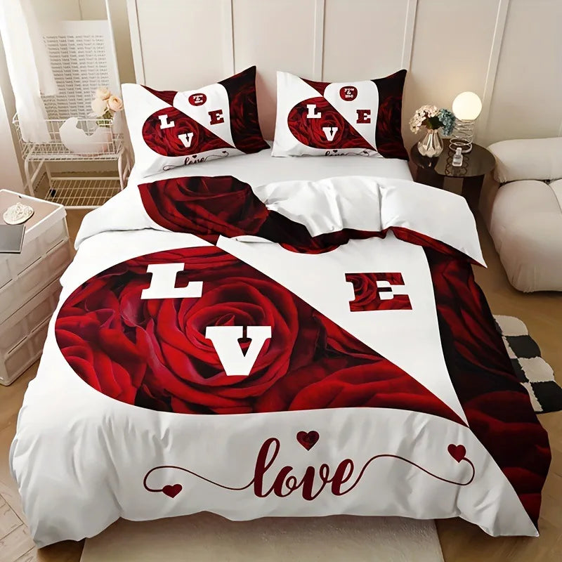 Red Rose Duvet Cover Set King Size, Red and White Comforter Cover