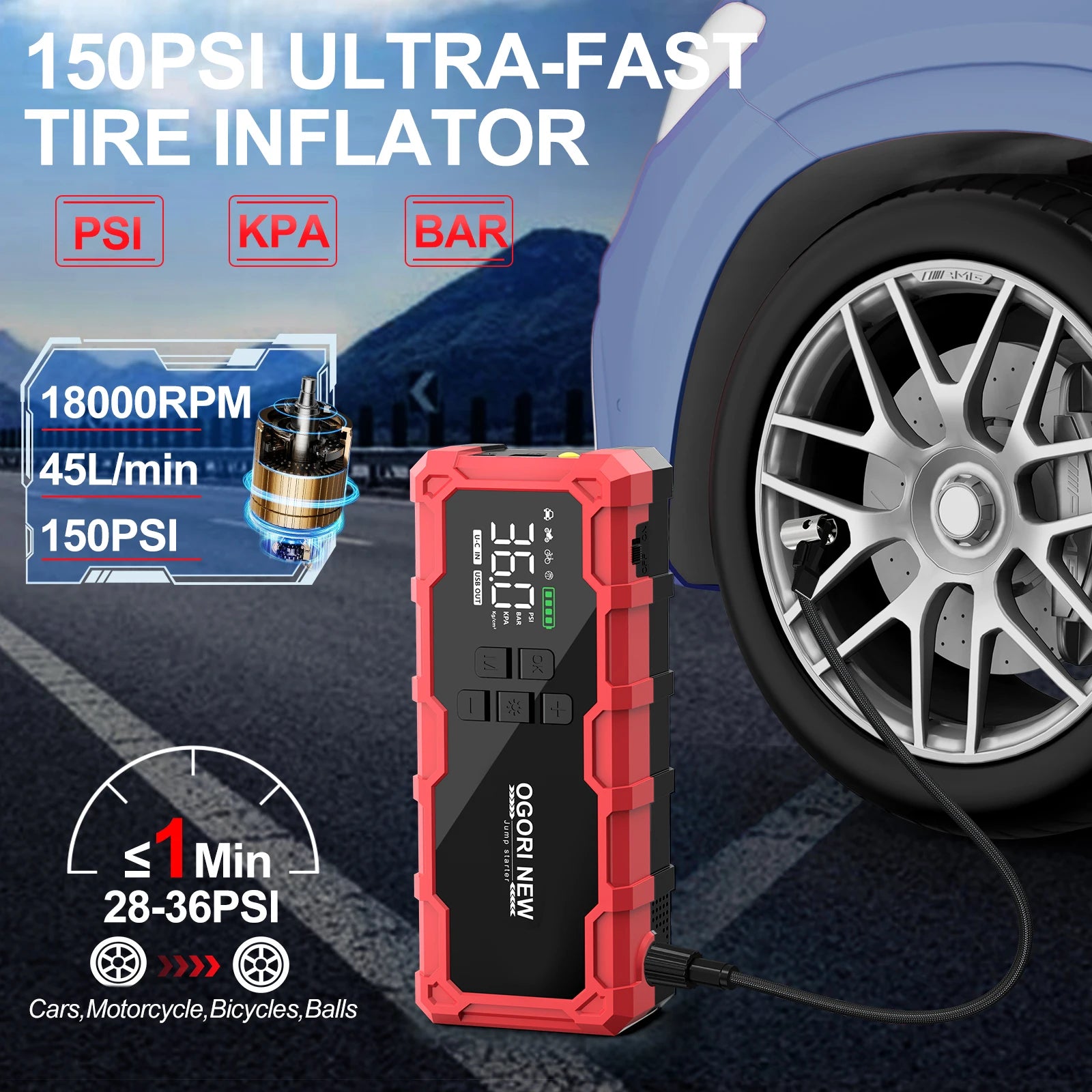 Jump Starter with Air Compressor 150PSI, 7000/8000A Portable