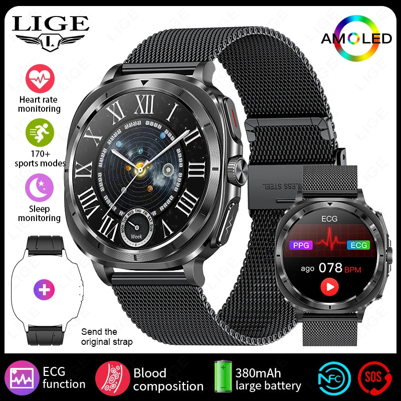 2025 New Uric Acid Blood Lipids Health Smartwatch Men Body Fat Blood Pressure Monitor AMOLED Screen NFC Man Smart Watch ECG+PPG