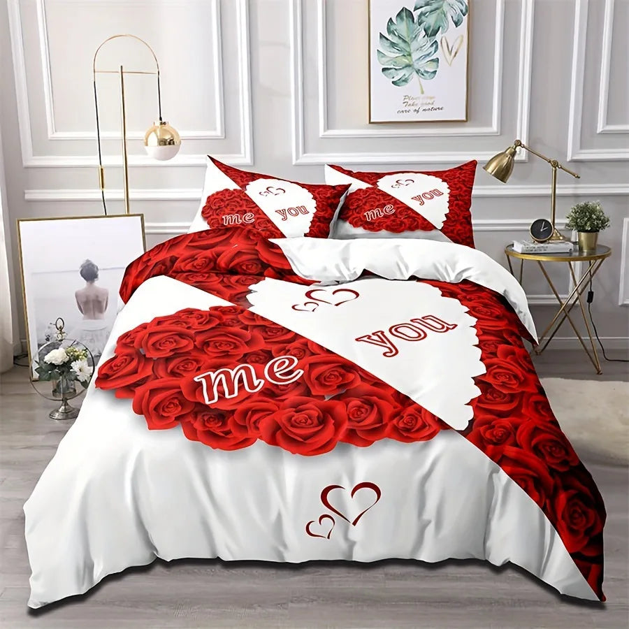 Red Rose Duvet Cover Set King Size, Red and White Comforter Cover