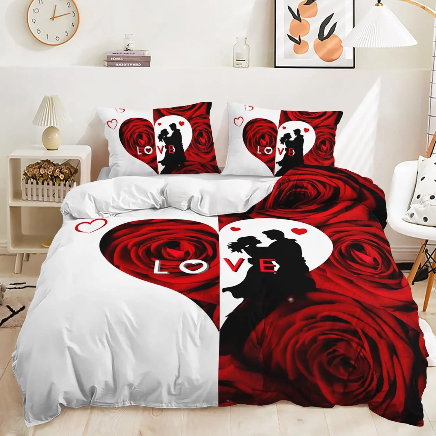 Red Rose Duvet Cover Set King Size, Red and White Comforter Cover