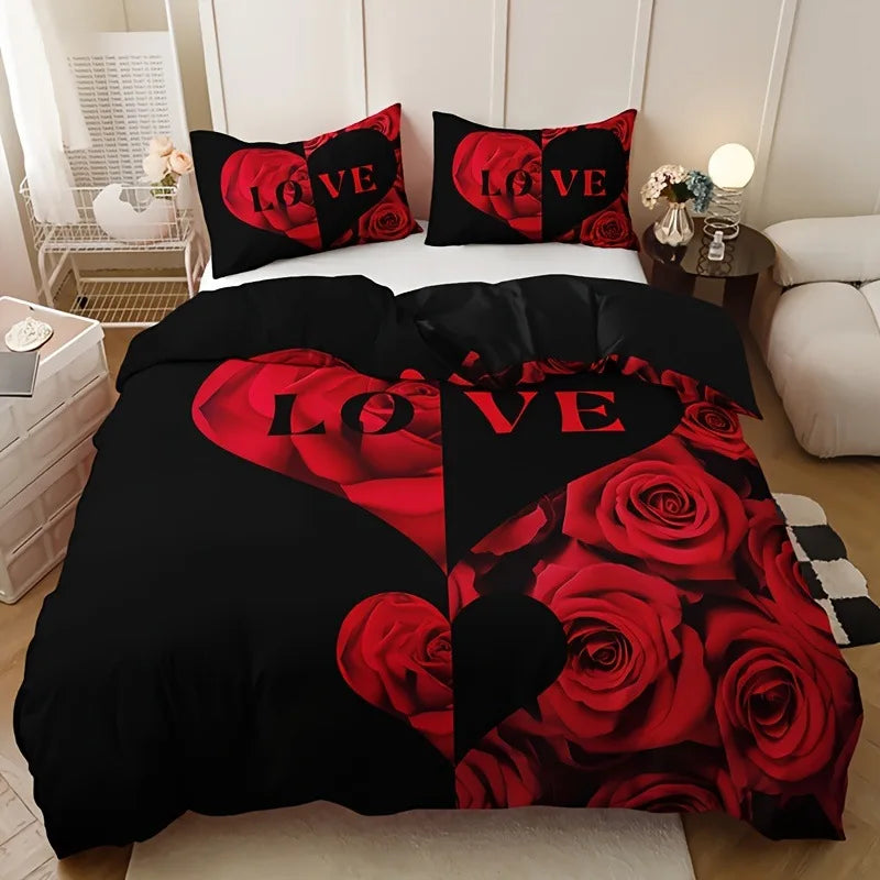 Red Rose Duvet Cover Set King Size, Red and White Comforter Cover