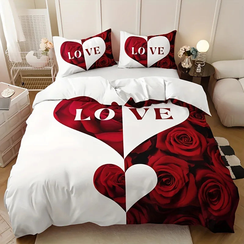 Red Rose Duvet Cover Set King Size, Red and White Comforter Cover
