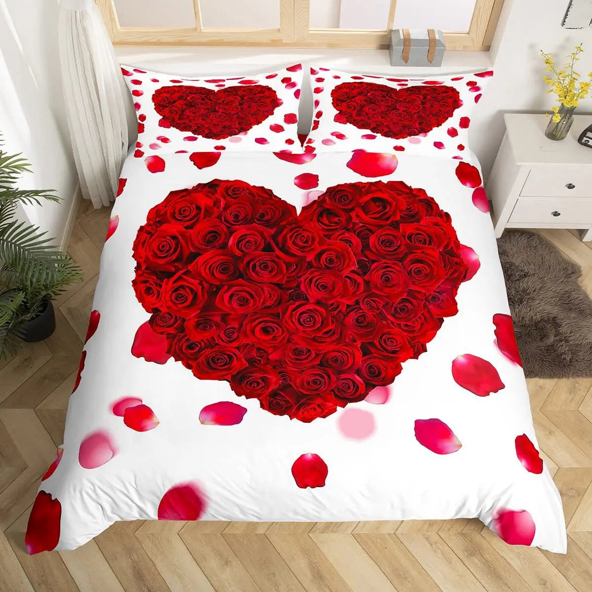 Red Rose Duvet Cover Set King Size, Red and White Comforter Cover